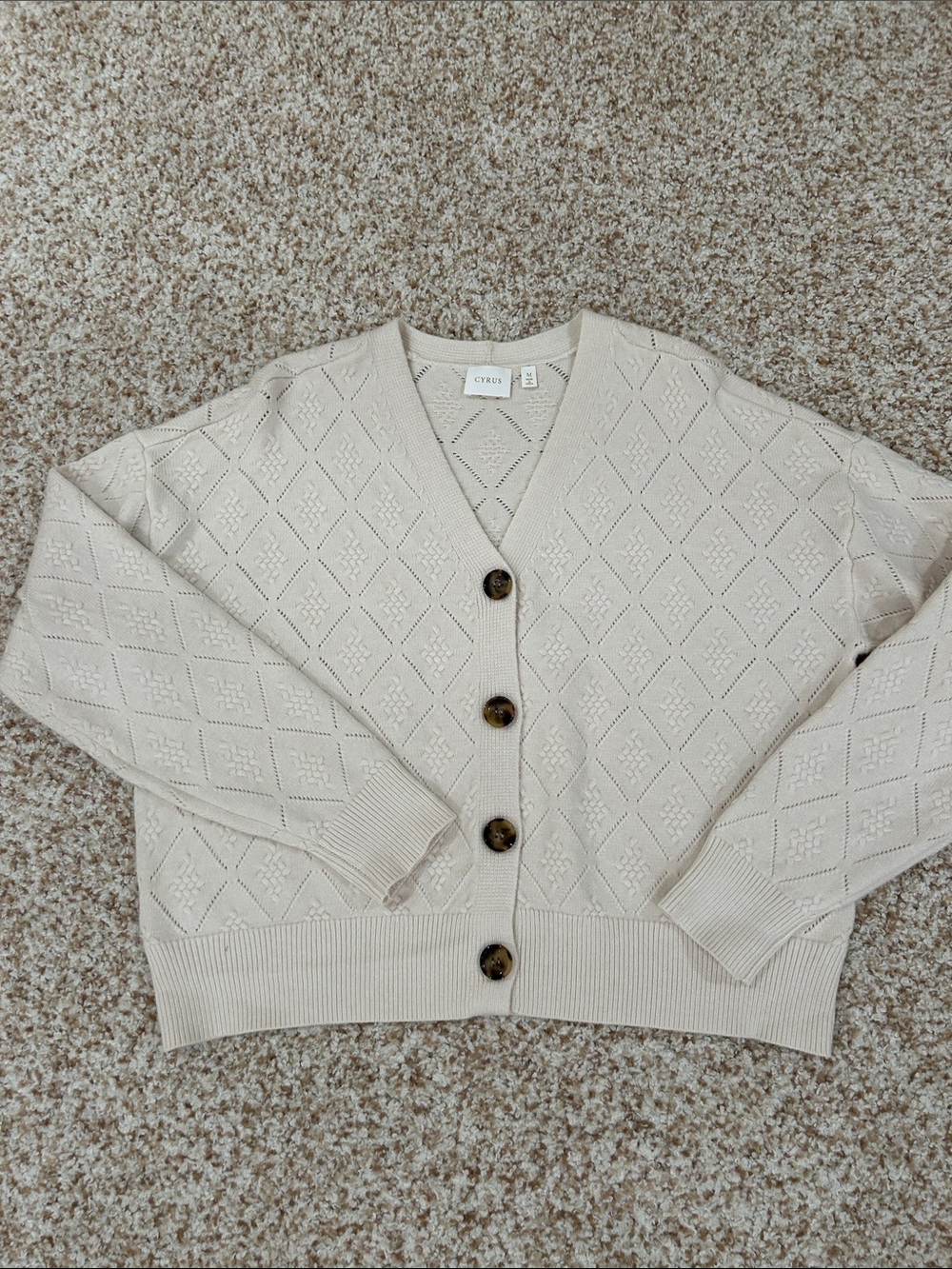 Cyrus Beige Diamond-Knit V-Neck Cardigan